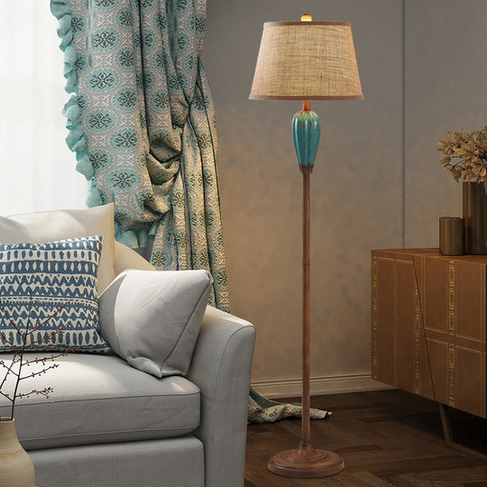 Retro Porcelain Urn Shape Floor Lamp With Fabric Shade - Red/Blue Blue