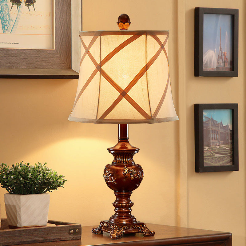 Serena - Vintage Brown Urn Base Desk Light Style Resin 1 Head Table Lamp With Fabric Shade