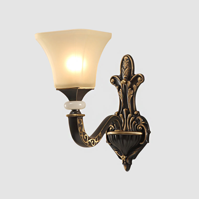 Retro Wall Mounted Light Fixture With Black 1/2-Bulb Milky Glass Flared Shade