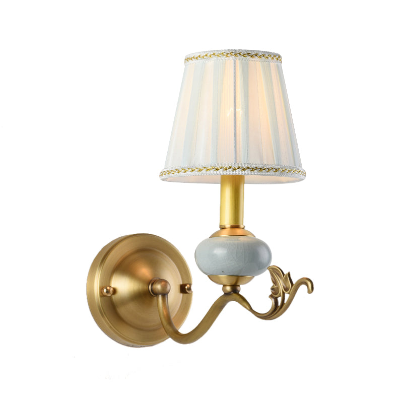 Traditional Style Brass Wall Sconce With Curved Arm Fabric Shade