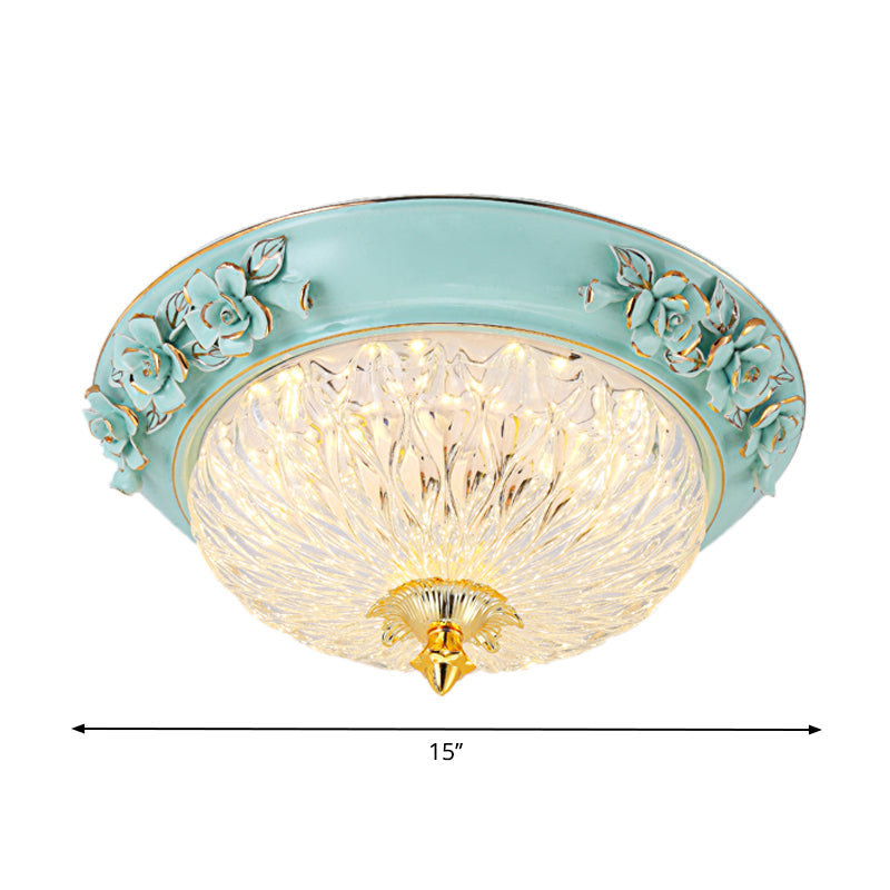 Retro Style Led Flush Ceiling Lamp In Blue For Dining Room - Bowl Up Design Clear Glass 11’/15’ W