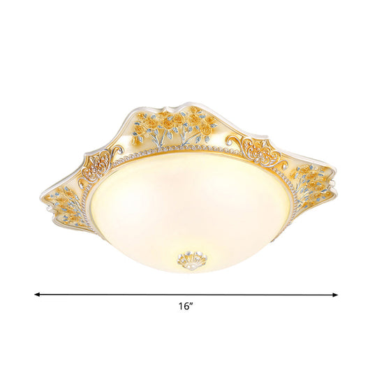 Vintage Yellow Opaline Glass Dome Flush Mount Light With Floral Accent Available In 3 Sizes: 12’