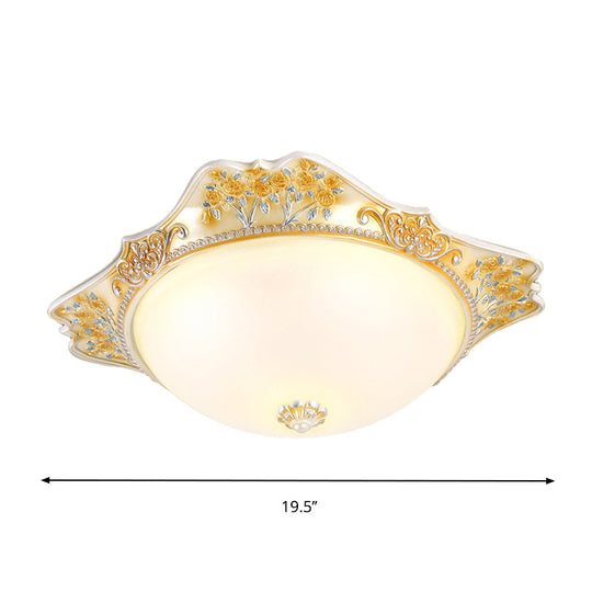 Vintage Yellow Opaline Glass Dome Flush Mount Light With Floral Accent Available In 3 Sizes: 12’