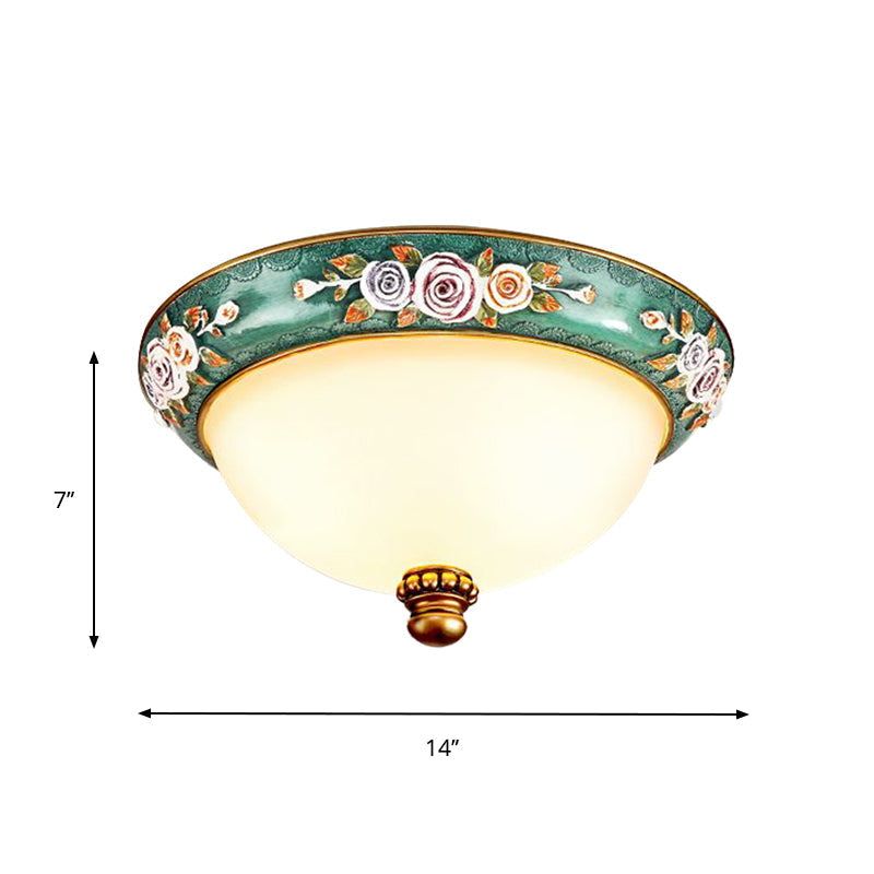 Retro Resin Flush Mount Light Fixture - Green Floral Design With Dome Shade 3-Light Bedroom Ceiling