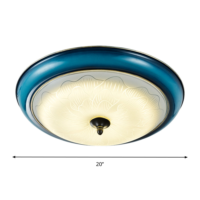 Retro Style Blue Glass Led Flushmount Light For Bedroom 16’/20’ Wide