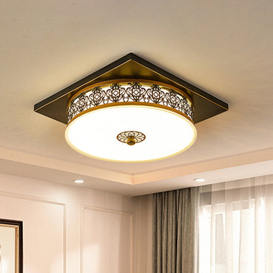 Opaline Glass Led Ceiling Light Fixture In Traditional Black Drum Design - 12’/16’/19.5 / 12’