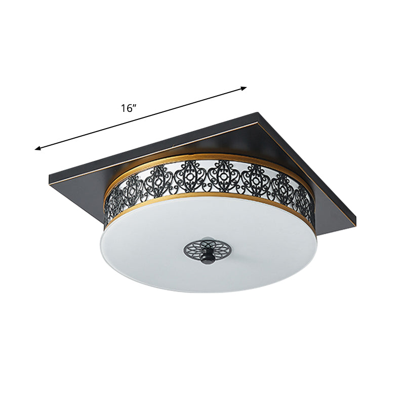 Opaline Glass Led Ceiling Light Fixture In Traditional Black Drum Design - 12/16/19.5