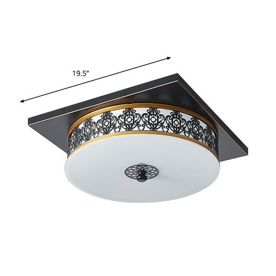 Opaline Glass Led Ceiling Light Fixture In Traditional Black Drum Design - 12/16/19.5