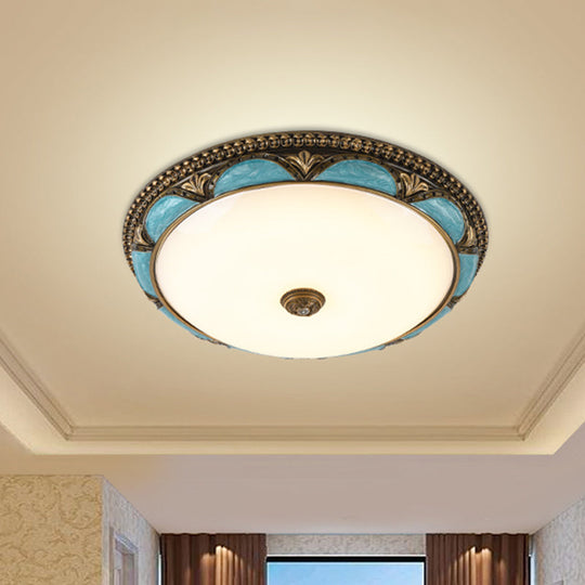 Antique - Style Blue Floral Ceiling Lamp - Cream Glass Led Bedroom Flush Mount / 13’