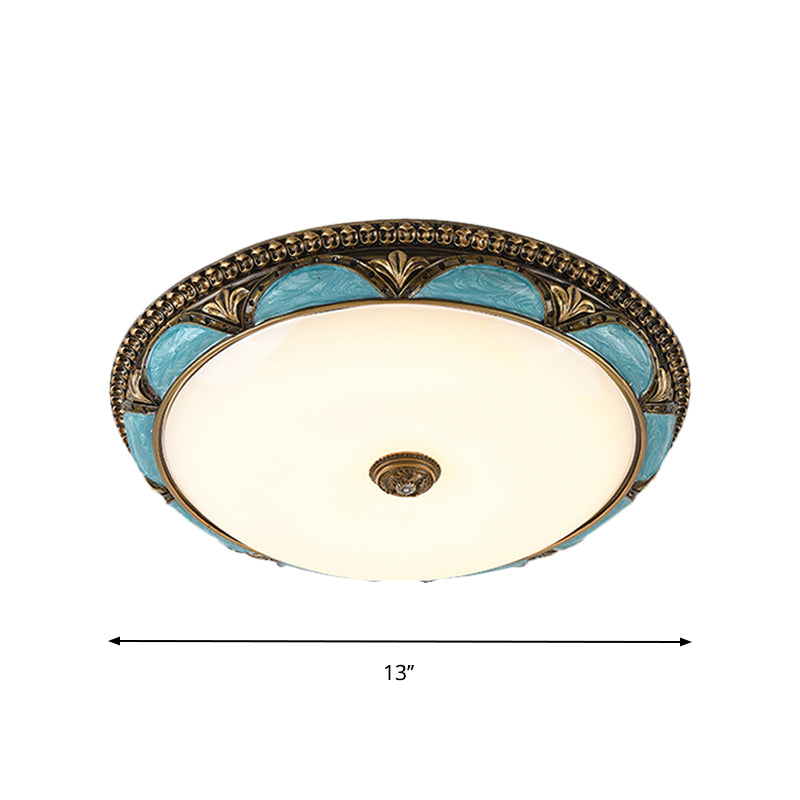 Antique - Style Blue Floral Ceiling Lamp - Cream Glass Led Bedroom Flush Mount