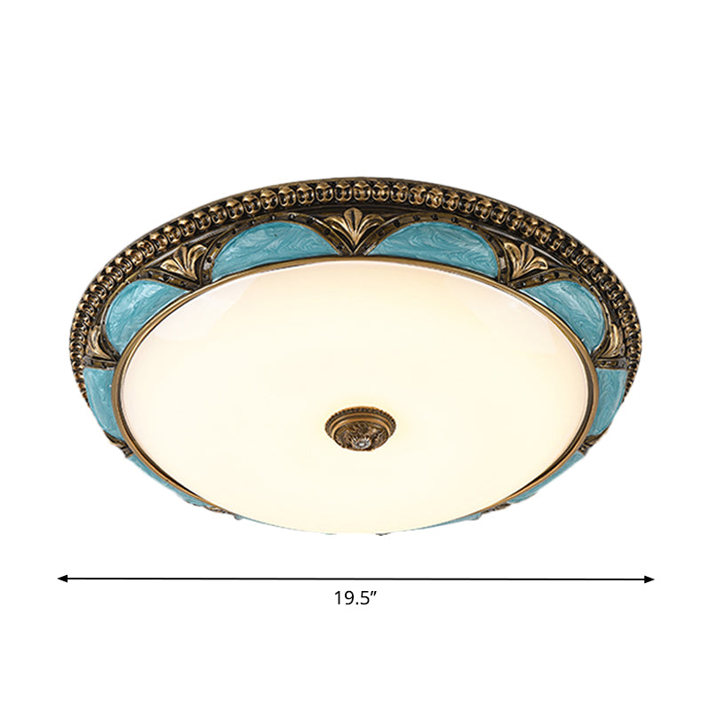 Antique - Style Blue Floral Ceiling Lamp - Cream Glass Led Bedroom Flush Mount