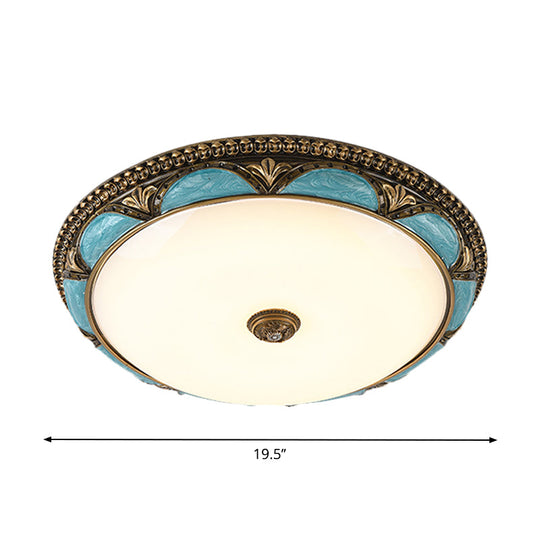 Antique-Style Blue Floral Ceiling Lamp - Cream Glass Led Bedroom Flush Mount