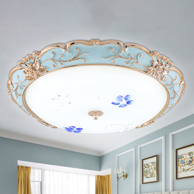 Vintage Led Flush Mount Light With Floral Shade And Opaque Glass - 13’/16’/19.5’ Wide Blue