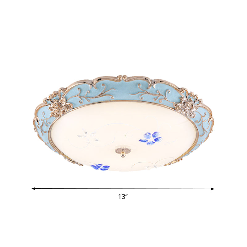 Vintage Led Flush Mount Light With Floral Shade And Opaque Glass - 13’/16’/19.5’ Wide Blue