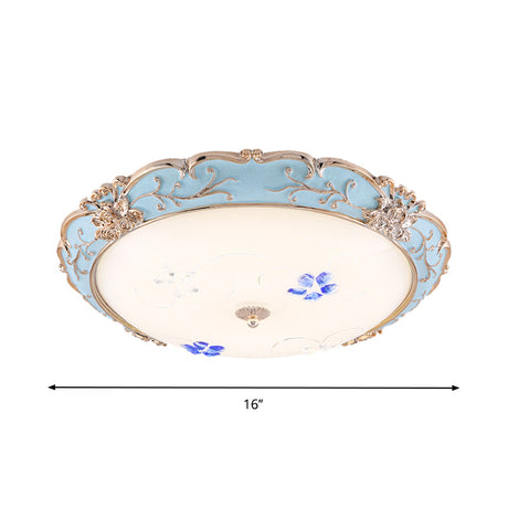 Vintage Led Flush Mount Light With Floral Shade And Opaque Glass - 13/16/19.5 Wide Blue Color