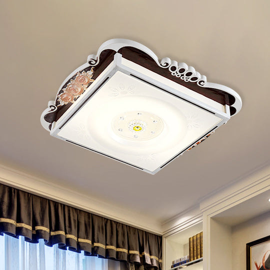 Led Acrylic Square Design Traditional Style Flush Mount Bedroom Ceiling Light With Carved Flower -