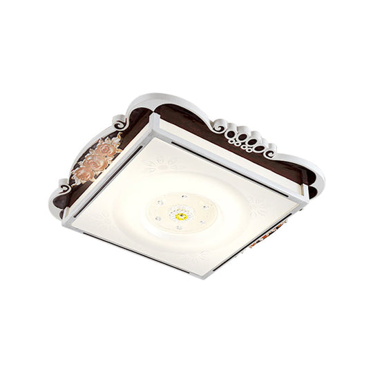 Led Acrylic Square Design Traditional Style Flush Mount Bedroom Ceiling Light With Carved Flower -