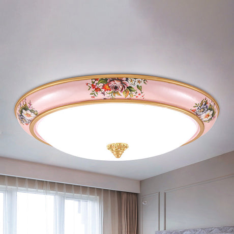 Pink Led Farmhouse Flush Ceiling Light With White Glass Bowl Shade - Warm/White Option For Bedroom