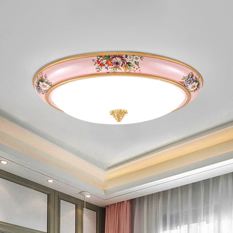Pink Led Farmhouse Flush Ceiling Light With White Glass Bowl Shade - Warm/White Option For Bedroom