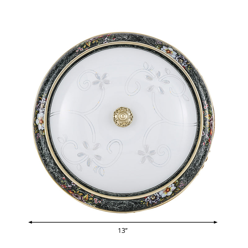 Veined Glass Led Flushmount With Bowl Shade In Black And Gold: Traditional Bedroom Lighting 3 Sizes