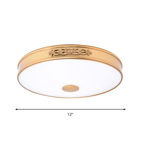 Antiqued Cream Glass Round Flush Mount Led Ceiling Lamp Fixture Gold For Bedroom