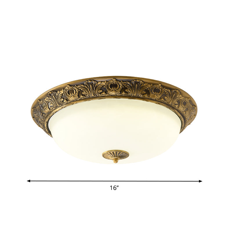 Traditional Brass Flushmount Lamp With Frosted Glass - Led Bedroom Flush Light (12’/16’/19.5’ Wide)