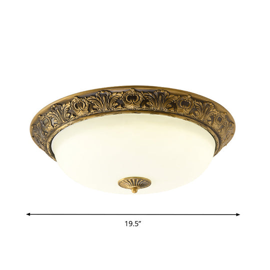 Traditional Brass Flushmount Lamp With Frosted Glass - Led Bedroom Flush Light (12/16/19.5 Wide)