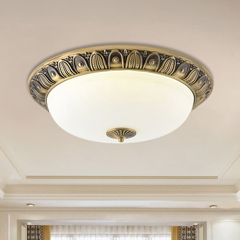 Led Dome Ceiling Lamp Fixture - Wide Antiqued Brass Finish With Opal Glass Flushmount Lighting