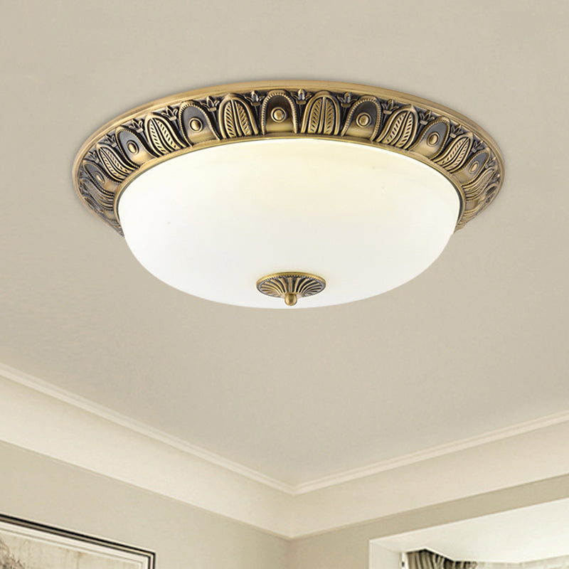 Led Dome Ceiling Lamp Fixture - Wide Antiqued Brass Finish With Opal Glass Flushmount Lighting