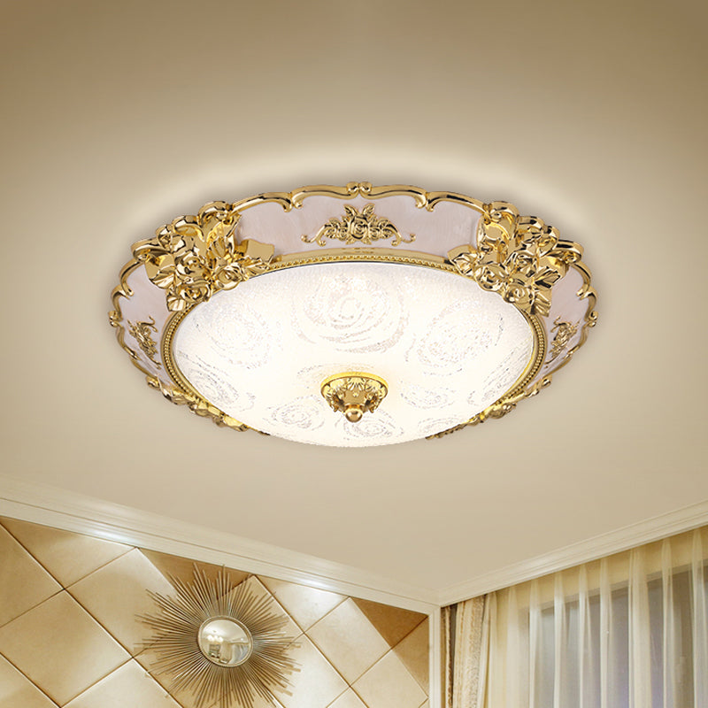 Country Textured Glass Flush Mount Light - Led Gold Bowl Living Room Lighting (12/16/19.5 W)