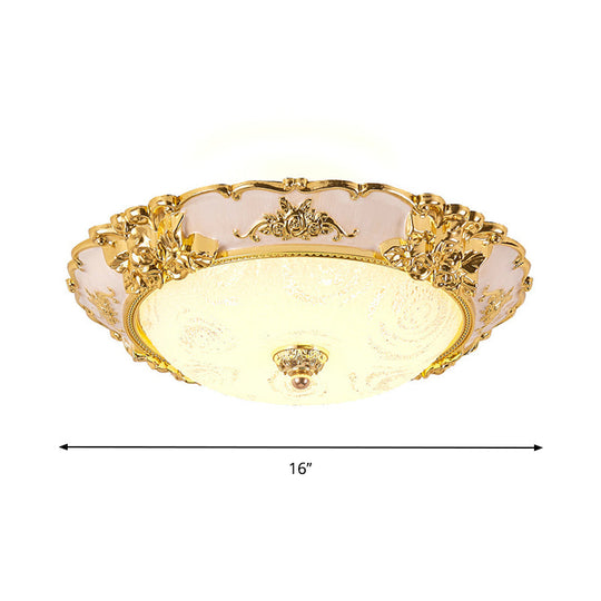 Country Textured Glass Flush Mount Light - Led Gold Bowl Living Room Lighting (12/16/19.5 W)