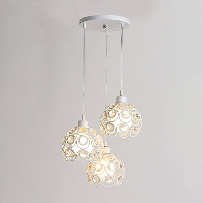 Modern Crystal Dome Pendant Lamp With Metal Cage Design - 1/3 Lights White/Black Round/Linear Canopy