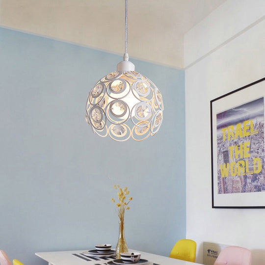 Modern Crystal Dome Metal Cage Pendant Lamp With White/Black Hanging Lights - Round/Linear Canopy