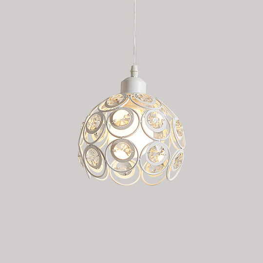 Modern Crystal Dome Pendant Lamp With Metal Cage Design - 1/3 Lights White/Black Round/Linear Canopy