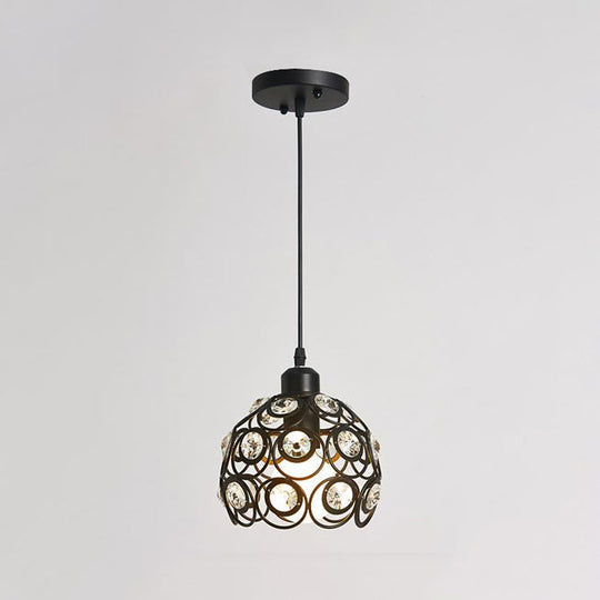 Modern Crystal Dome Metal Cage Pendant Lamp With White/Black Hanging Lights - Round/Linear Canopy
