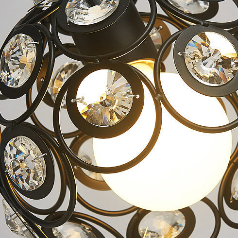 Modern Crystal Dome Metal Cage Pendant Lamp With White/Black Hanging Lights - Round/Linear Canopy