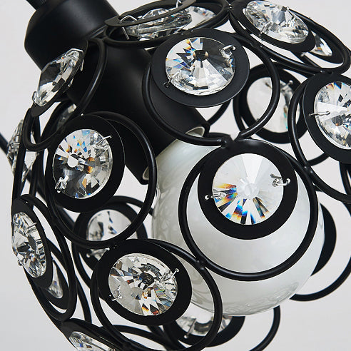 Modern Crystal Dome Pendant Lamp With Metal Cage Design - 1/3 Lights White/Black Round/Linear Canopy