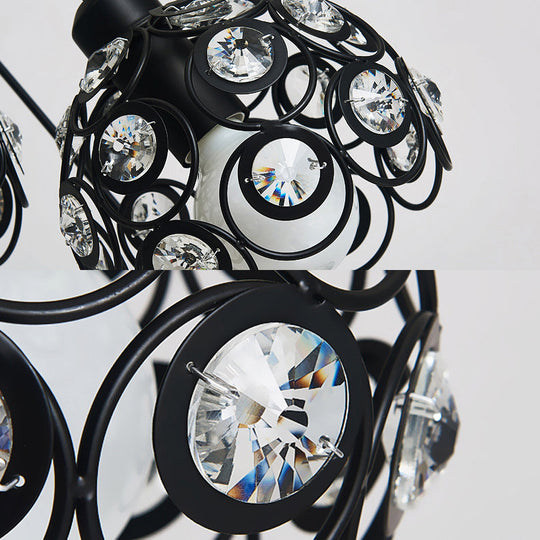 Modern Crystal Dome Metal Cage Pendant Lamp With White/Black Hanging Lights - Round/Linear Canopy
