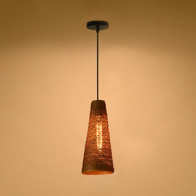 Contemporary Rattan Pendant Lamp | Handmade 1-Light Hanging Blue/Brown Cone Shade