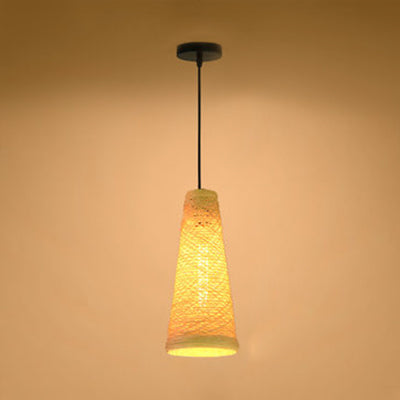 Contemporary Rattan Pendant Lamp | Handmade 1-Light Hanging Blue/Brown Cone Shade Beige