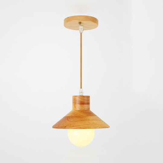 Modern Wooden Pendant Light In Beige For Kid Room - Coolie Shade Hanging With Linear/Round Canopy 1