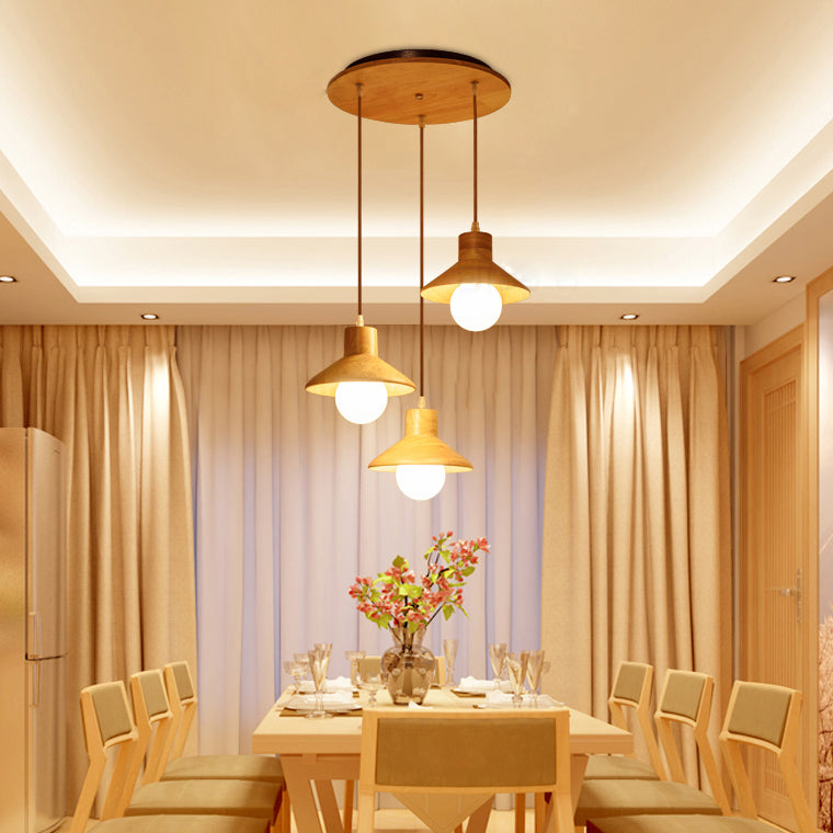 Modern Wooden Pendant Light In Beige For Kid’s Room - Coolie Shade Hanging With Linear/Round Canopy