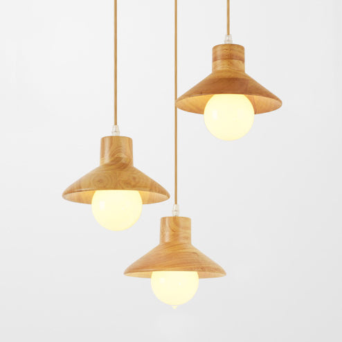 Modern Wooden Pendant Light In Beige For Kid Room - Coolie Shade Hanging With Linear/Round Canopy 3