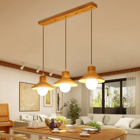 Modern Wooden Pendant Light In Beige For Kid’s Room - Coolie Shade Hanging With Linear/Round Canopy