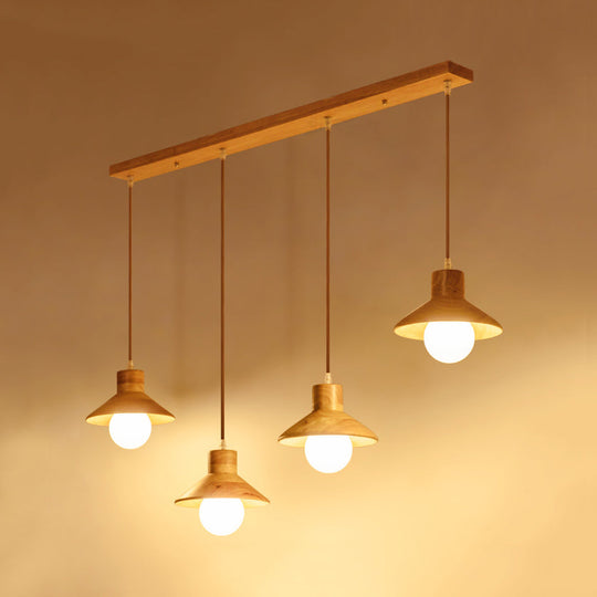 Modern Wooden Pendant Light In Beige For Kid’s Room - Coolie Shade Hanging With Linear/Round Canopy