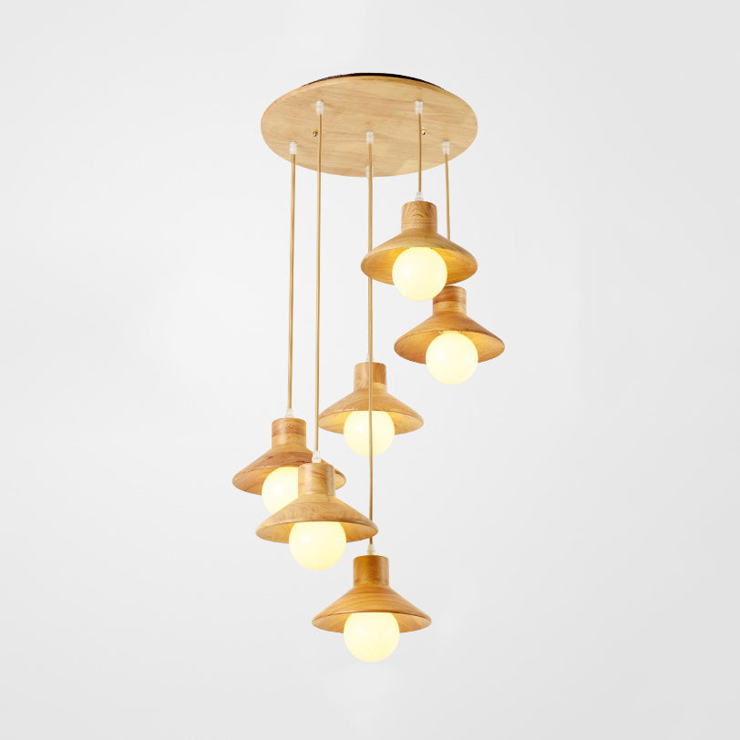 Modern Wooden Pendant Light In Beige For Kid Room - Coolie Shade Hanging With Linear/Round Canopy 6