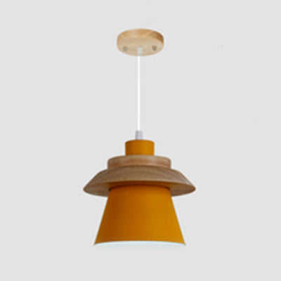 Wooden Asian Style Hanging Pendant Light For Stairways - Coolie Shade With Metal Accents Yellow