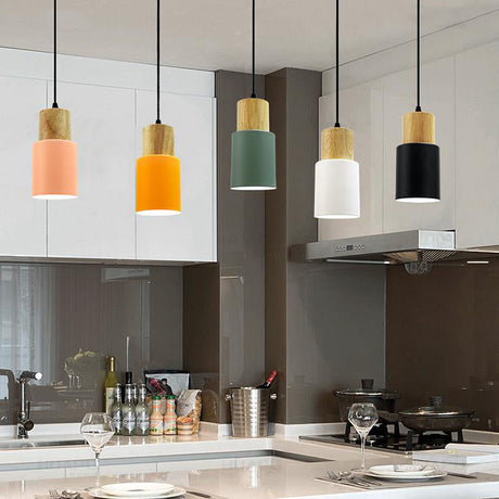 Modern Metal And Wood Pendant Light For Office Or Hallway With 1 Cylindrical Hanging Lamp