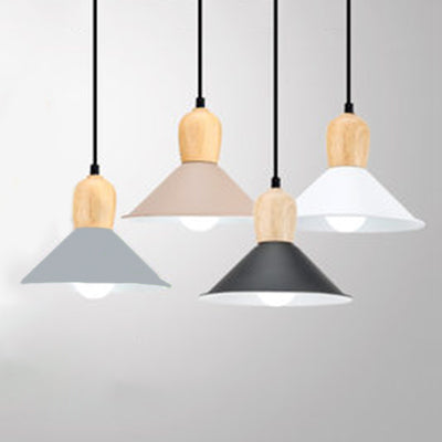 Nordic Style Metal Cone Pendant Light With Wooden Bulb Base For Office - 1 Head Hanging
