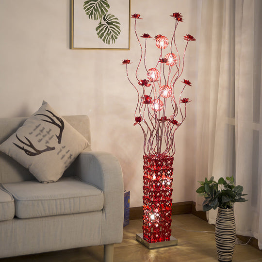 Red Led Flower Décor Floor Lamp - Metal Cuboid Standing Light With Crystal Embellishments